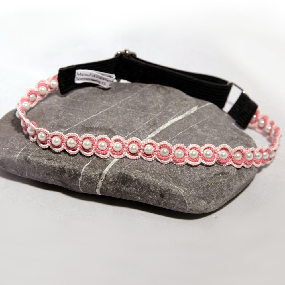 längenverstellbares Haarband Simple Eleganz rosa und pinke Baumwolle, weiße Perlen und extrabreites schwarzes Gummiband