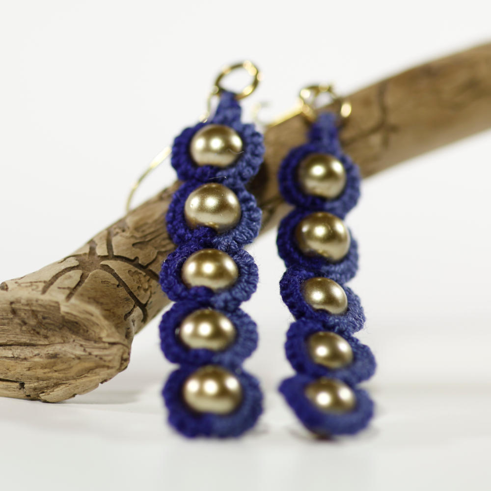 Ring Duett Baumwolle in Blautönen mit goldfarbenen Perlen