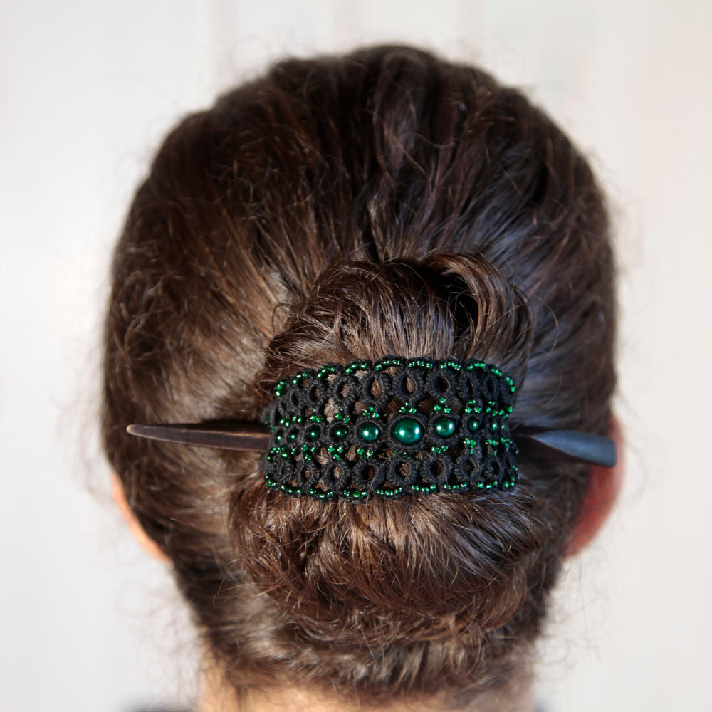 hair slide Teatro schwarze Baumwolle mit tannengrünen Perlen und schwarzem Haarstab